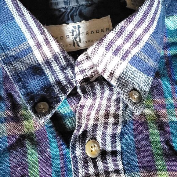 River Trader Men's Button Down Shirt Long Sleeve unique  Blue Green Plaid Medium - Picture 5 of 11
